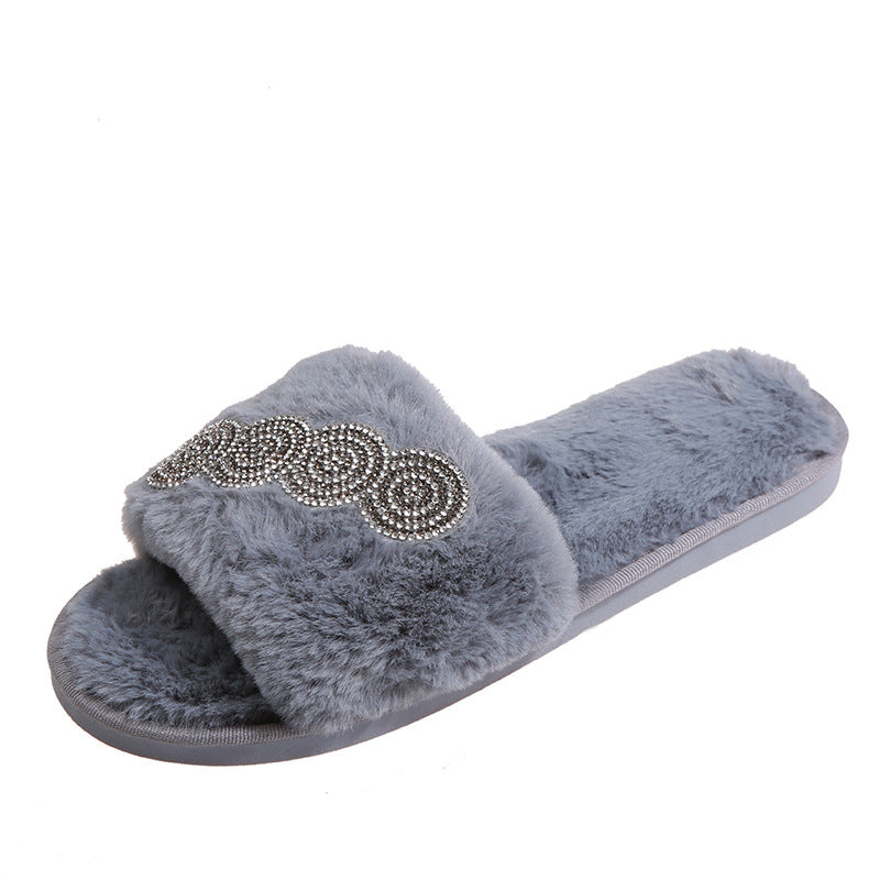 Wholesale One Word Open Toe Flat Plush Cotton Slippers